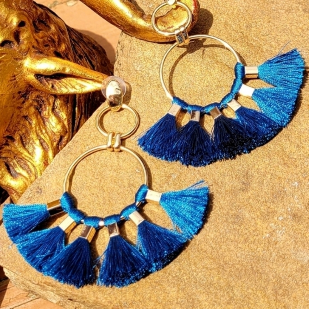 CHA CHA LARGE AZURE BLUE & GOLD SILK TASSEL DROP EARRINGS